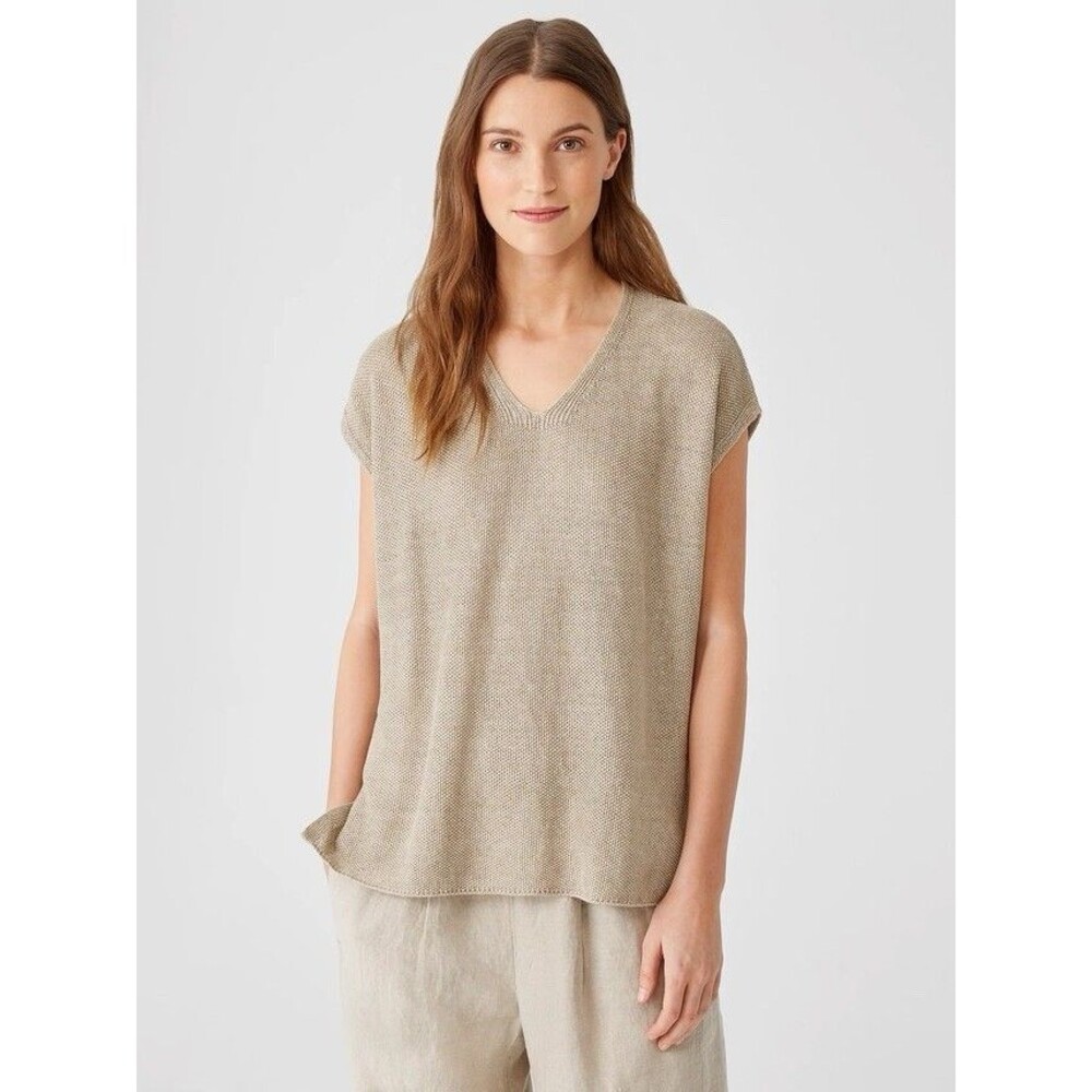 EILLEN FISHER 100% Organic Linen DELAVE V-NECK TOP SIZE XL - Picture 2 of 9